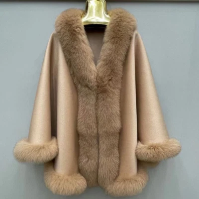 Real Women 100% Fox Fur Trim Shawl Cashmere Ponchos Cape Cardigan Coat Warm Tops - Image 1 of 4