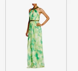 Pamella Roland Embellished Halter Silk Gown Maxi Dress Multi Green Size 6 - Picture 1 of 20