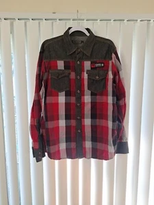 Size Large Coogi Hunt Club Button Shirt Red Plaid Denim Flannel Patch - Picture 1 of 7
