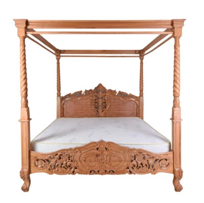Four Poster Bed Antique Mahogany Wood Bed Double Bed Canopy Columns Double Bed - Image 1 of 4