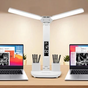 LED Reading Desk Lamp Dimmable USB Double Head Foldable Table Night Light White - Picture 1 of 16