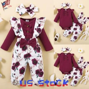 Newborn Baby Girls Floral Romper Jumpsuit Headband Clothes Bodysuit Outfits Set - Picture 1 of 10