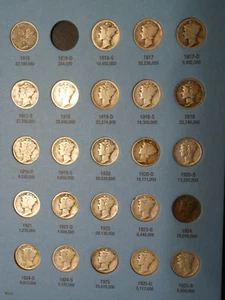 NEAR COMPLETE COLLECTION 76 MERCURY DIMES 1916-1945 ALBUM NO 1916D 90% SILVER - Picture 1 of 11