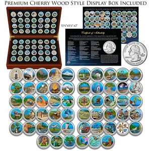 Complete COLORIZED America the Beautiful Parks Quarter 56-Coin Cherry Wood Box - Picture 1 of 1