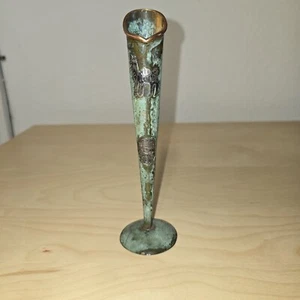 HAMMERED COPPER BUD VASE W/ APPLIED FIGURAL DETAILS, 5.75"  - Picture 1 of 7