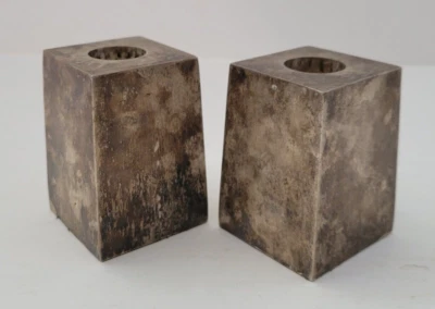 2 POTTERY BARN Candleholders Modern Pillar Industrial Silvertone Steampunk - Image 1 of 4