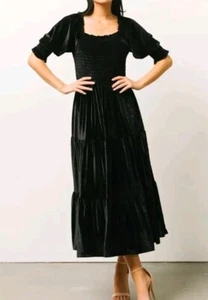 Womens Dresses Square Neck Short Sleeve Smocked Ruffle Velvet Midi Dresses - Picture 1 of 4