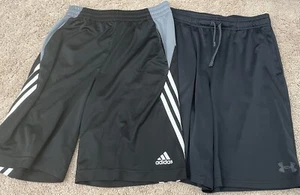 2 pairs Adidas & Under Armor Boys Athletic Performance Shorts Black&Gray YXL&YM - Picture 1 of 12
