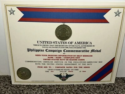 PHILIPPINE CAMPAIGN (NAVY) COMMEMORATIVE MEDAL CERTIFICATE ~ W/PRINTING TYPE-1 - Image 1 of 4