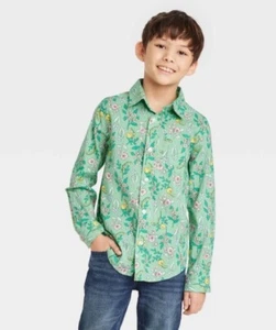 Cat & jack Boys L (10/12) Button Up Floral Green Long Sleeve Shirt Spring Easter - Picture 1 of 19