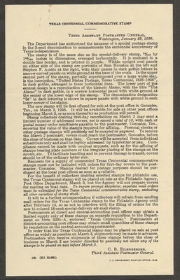 Scott #776 1936 3c Texas Centennial Post Office New Stamp Announcement Letter - Image 1 of 2