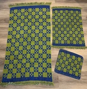 VTG Cannon Bath, Hand & Washcloth Towels Green Blue Checkerboard Cotton USA - Picture 1 of 10