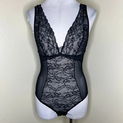 Gilligan & O'Malley Bodysuit Large Lace Lingerie Plunge Sexy Black Sheer New - Image 1 of 4
