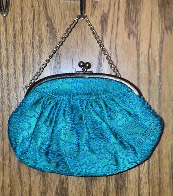Vintage clutch purse, teal, lined, optional chain - Image 1 of 4