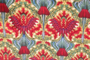 32"L x 42"W Hoffman Fabric Camelot Red Blue Green Art Deco Flowers Striped - Picture 1 of 8