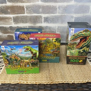 Four Puzzles Dino Glow Zone 100 piece puzzles Glow in the dark 2 New and 2 used - Picture 1 of 10