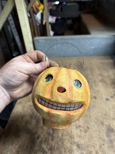 Vintage Early Halloween Orange Pumpkin Jack O Lantern Coconut Pulp Paper Mache - Imagen 1 de 18