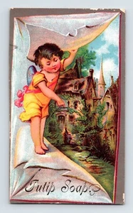 Carta commerciale vittoriana sapone tulipano 1890 bambino angelo Cupido 3" x 5" - Foto 1 di 2