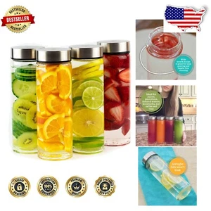 4 Pack Wide Mouth Glass Bottles with Leak Proof Steel Lids - 16oz for Juicing - Picture 1 of 11