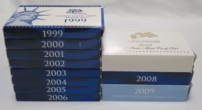 Lot of 11 1999 to 2009 U.S. Proof Sets 127 S-Mint Coins FRESH sets FREE SHIPPING - Image 1 of 4