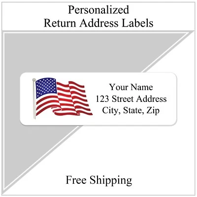400 Personalized Return Address Labels Stickers 1/2 x 1 3/4 Waving American Flag - Image 1 of 2