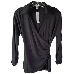 Cache Blouse Womens Size S Black Long Sleeve Collared Wrap Top V-Neck Ruched NWT - Picture 1 of 10