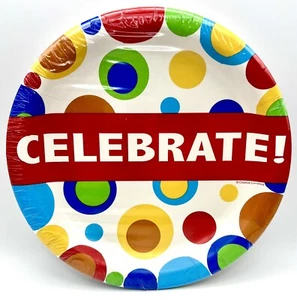 Celebration Bubbles Celebrate Polka Dot Birthday Party 8.75" Paper Dinner Plates - Picture 1 of 1