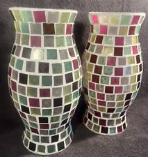 2 PartyLite Fusion Mosaic Tiles Stain Glass Hurricane Candle Holder 9.5” Tall