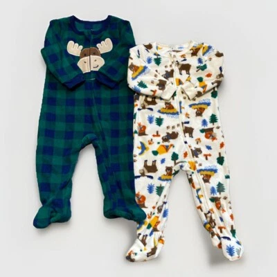 Kids headquarters 12m Infant 2 Pc Footie Pajama Set Zip Up Moose Bear Cozy NEW - Image 1 of 4