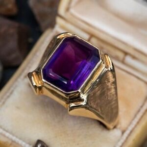 Antique Victorian 5Ct Simulated Amethyst Men's Wedding Ring 14K Yellow Gold Over