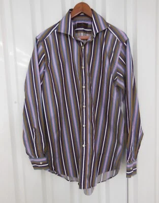 ETRO Milano Long Sleeve Thin Stripe Shirt Purple Blue Green Men L 42 Cotton Itay - Image 1 of 4