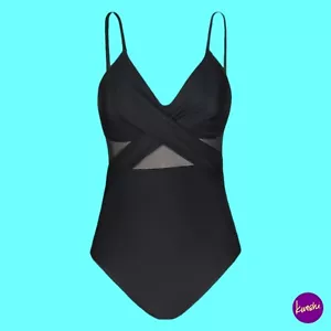 Traje de baño CUPSHE para mujer 1 pieza cuello en V malla control abdomen, negro, M - Imagen 1 de 7
