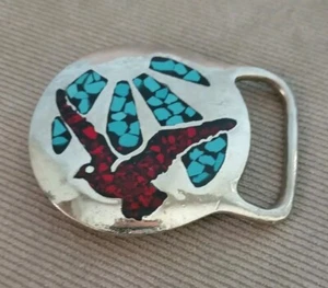 Vintage Native AmericanTurquoise Coral Inlaid Belt Buckle Bird Southwestern - Bild 1 von 4