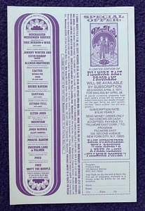 FILLMORE EAST-Handbill con Allmans: 12-13-71 de marzo, Santana, Tull, Elton, ELP+ ¡COMO NUEVO! - Imagen 1 de 2