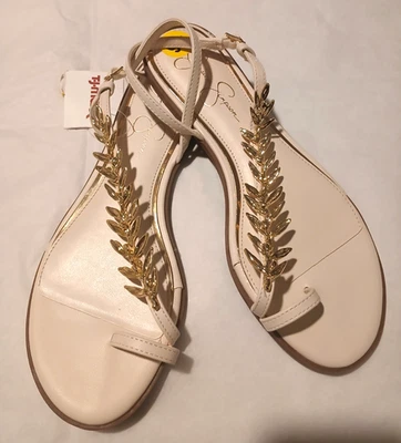 Jessica Simpson Flat Strappy Sandals With Gold Leaf Accents Sz 9.5 - Ivory - Image 1 of 2