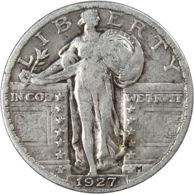 Moneda de 25c de plata tipo Estados Unidos 1927 Standing Liberty Quarter en muy buena condición muy buena 90 % Foto 1 de 2