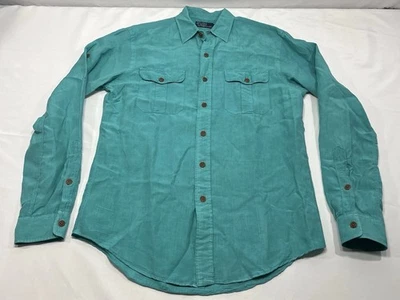 Camisa Polo Ralph Lauren Seda Lino Hombres Mediana Azul Teal Abotonada Campamento De Colección Foto 1 de 4