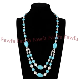 "Collar de cuentas ovaladas gemas turquesa azul perla natural 13x18 mm 18-19" - Imagen 1 de 6