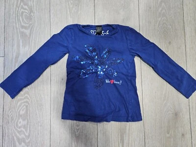 Desigual Super Cute Blue Long Sleeve Designer  Shirt Sequin Flower size 5-6 - Image 1 of 4