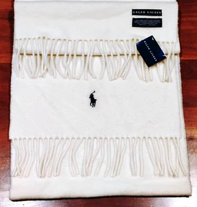 NUOVA sciarpa Ralph Lauren lana di agnello 60" x 12" bianca avorio etichettata logo frange morbida - Foto 1 di 10