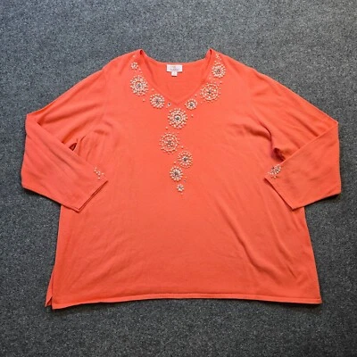 Quacker Factory Sweater Women Size 3X Orange Bead Pearl Knit Rhinestones Casual - Image 1 of 4