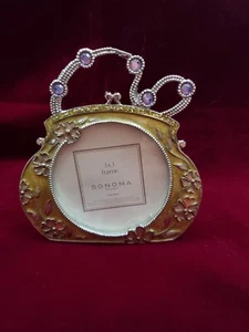 SONOMA GREEN ENAMEL PINK RHINESTONE PURSE PICTURE FRAME 3X3 FREE SHIPPING - Picture 1 of 2