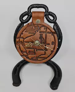 Analogue Clock Horse Shoe And Hand Carved Leather Base 16.5cm tall - Picture 1 of 2