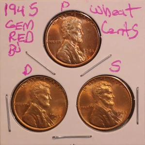 1945 P D S LINCOLN WHEAT CENT PENNY 1C GEM RED BU SET (3 COINS) 45599 - Picture 1 of 2