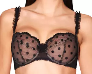 FRENCH DESIGNER AUBADE EXTRAIT DE FLIRT SHEER POLKA DOT BLACK BRA 36D NWT $159 - Picture 1 of 2