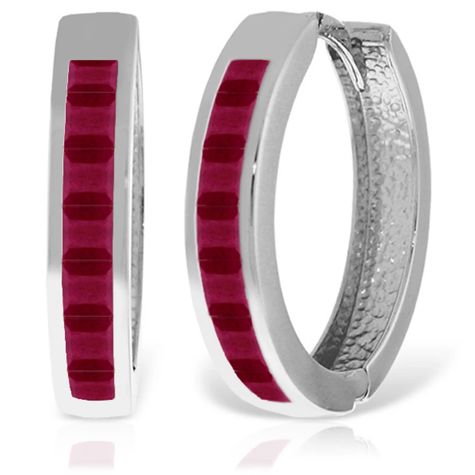 14K Solid White Gold Hoop Huggie Earrings with  rubyes - Image 1 of 1