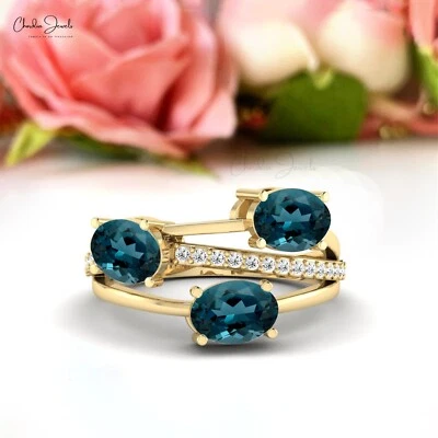 Women's 14k Real Gold Genuine 7X5mm London Blue Topaz & Diamond Split Shank Ring - Image 1 of 4