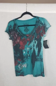 Archaic by Affliction Womens T-shirt XL Teal Blue Tattoo Rose Biker Cyber Grunge - Picture 1 of 5