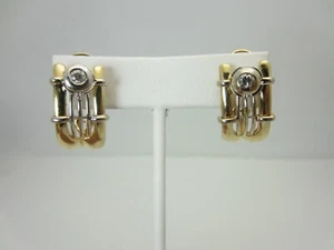 14K Yellow and White Gold and Diamond Hoop Style Earrings 0.24 ct Bezel Set - Picture 1 of 12