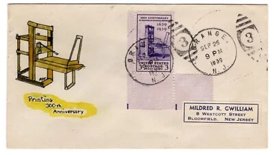 #857 Printing Tercentenary 1939 FDC - Planty #102 Listing Copy U/O Orange NJ - Image 1 of 2
